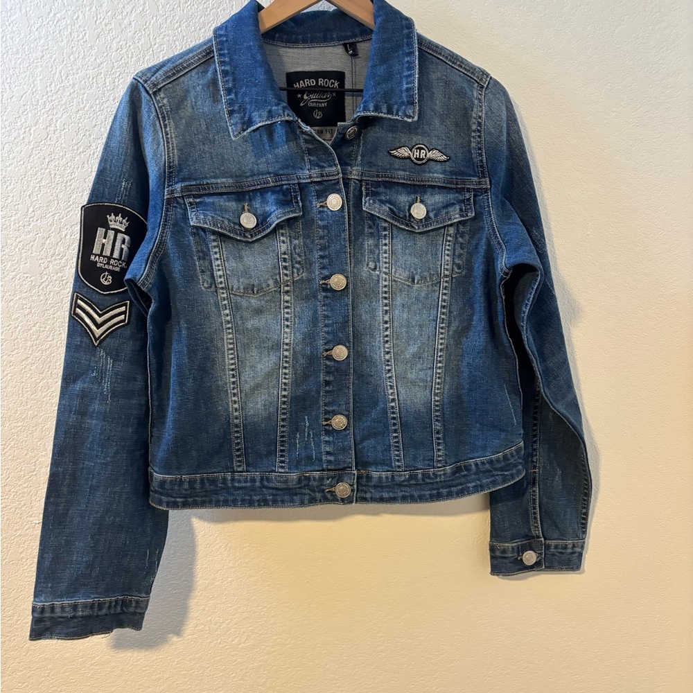 Vintage Hard Rock Cafe Denim Jean Jacket Embroidered Back Patch Sz L NWT